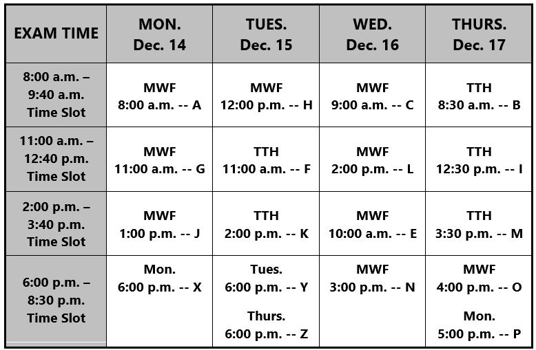 Final Exam Schedule for Fall 2026