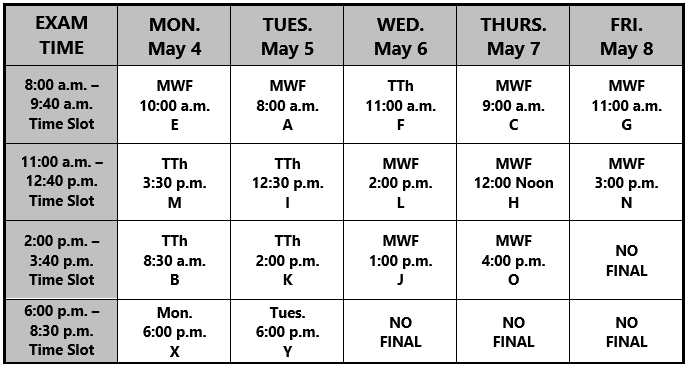 Final Exam Schedule for Spring 2026